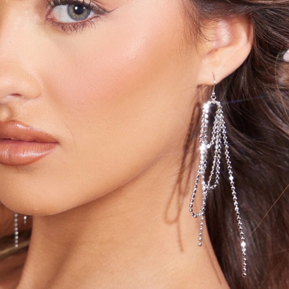 NWT PLT Silver Circle Looped Tassel Statement Earrings